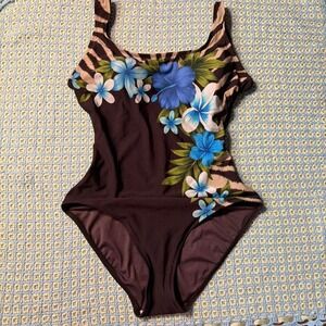 Roxanne Vintage Y2K Brown Teal Hibiscus Floral One Piece Swimsuit 12 36C